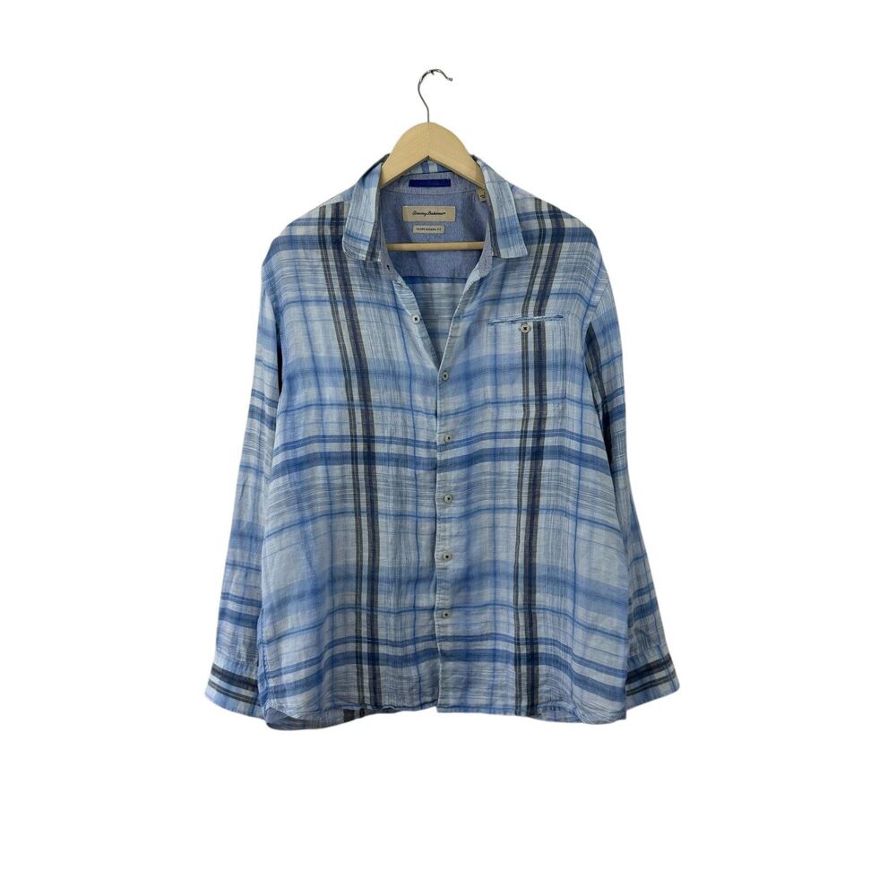Tommy Bahama Large Linen Button Shirt Island Modern Fit Long Sleeve Plaid Mens